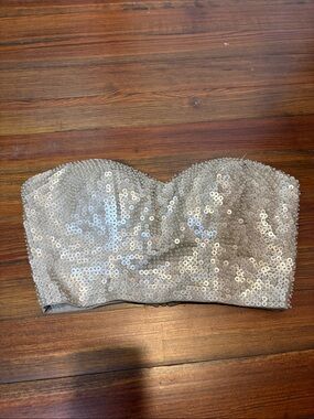 bebe Silver Sequin Strapless Bandeau Bustier